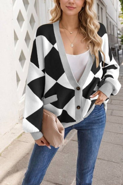 V-neck Diamond Stitching Contrast Color Loose Knitted Cardigan Jacket for