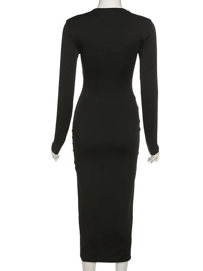 Autumn Crossed Cleavage Maxi Dress Concise Side Spilt Vestido Lady High Street Bodycon Slim Robe Skirt