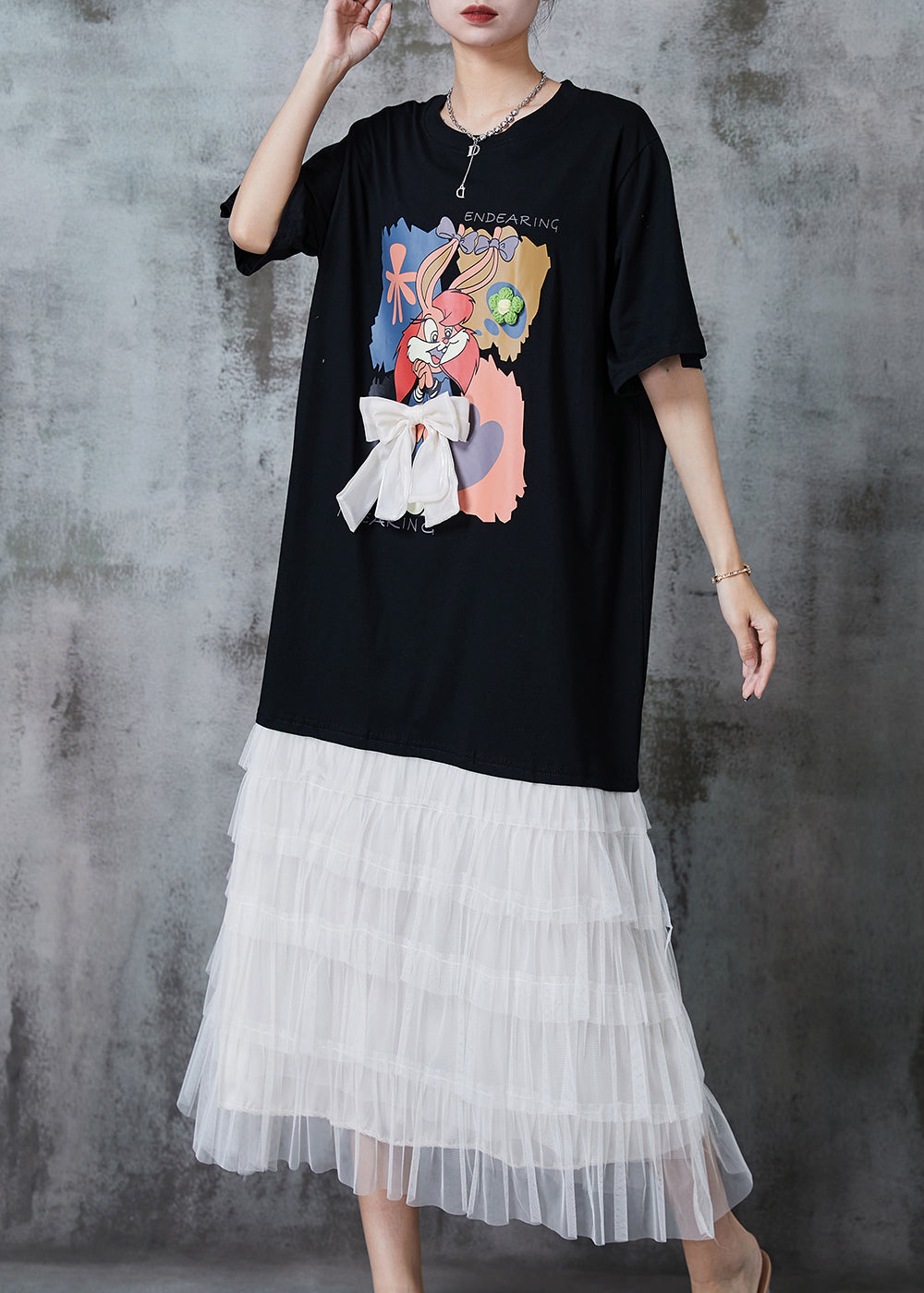 Black Cartoon Bow Patchwork Cotton Maxi Dresses Summer