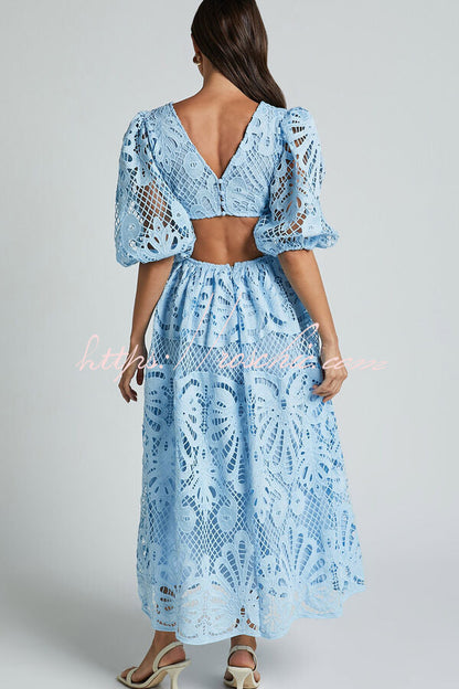 Color V Neck Hollow Lace Waistless Maxi Dress