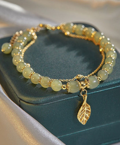 Green 18k Gold Inlaid Jade Zircon Leaf Charm Bracelet