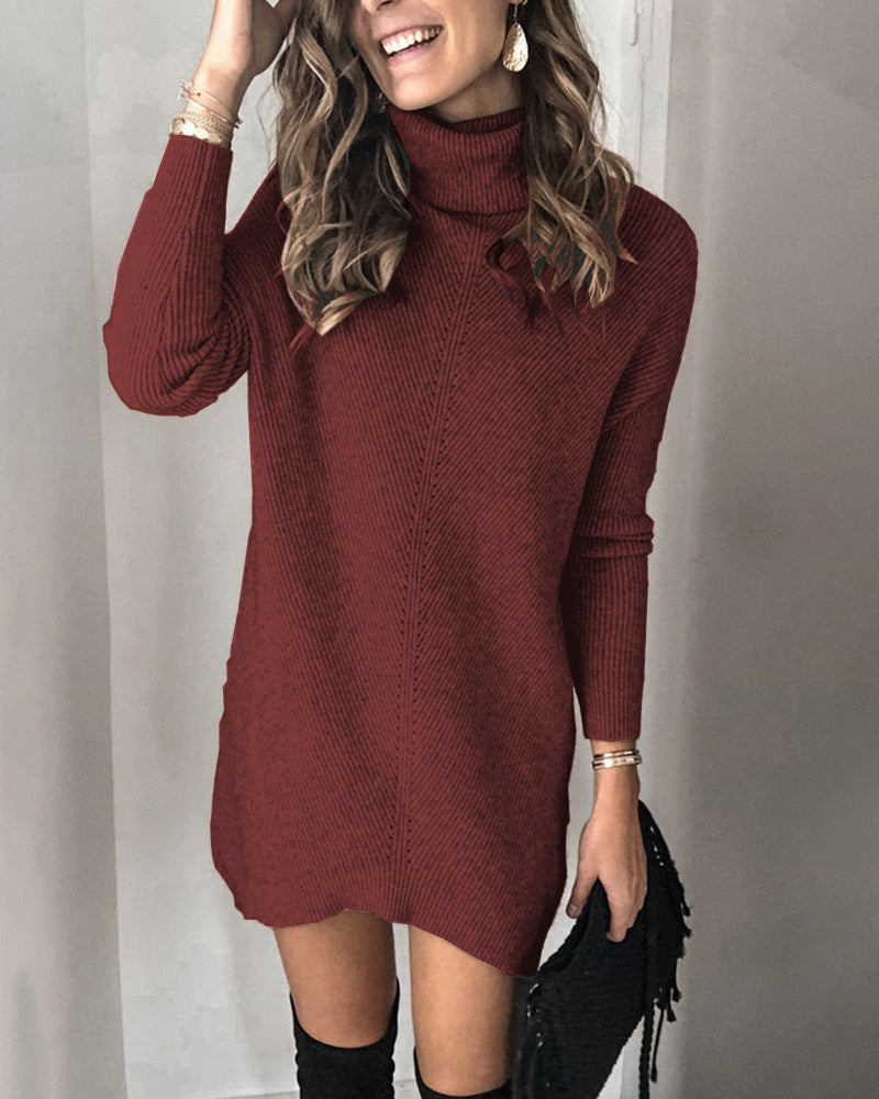 Fall Knitwear Two Collared Hollow Out Cutout Out Pullover Dress Sweater