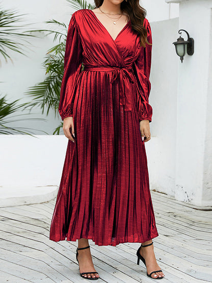 High Waisted Long Sleeves Bronzing Elasticity Pleated Color Tied Waist Deep V-neck Maxi Dresses