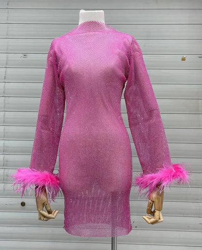 Weave Shiny Rhinestone Mini Dress See Through Cover-up Dresses Loose Club Dress