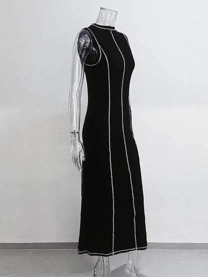 A-line Sleeveless Split-joint Striped Round-neck Maxi Dresses