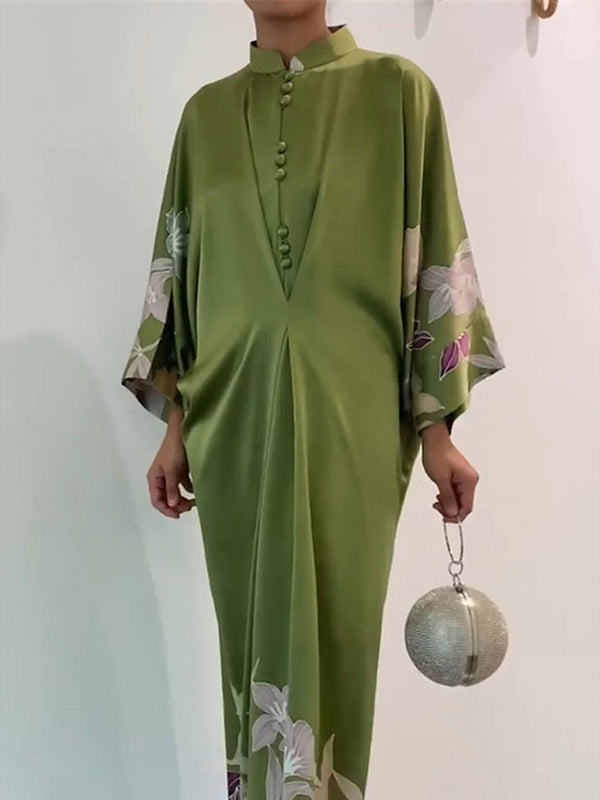 Batwing Sleeves Loose Printed Muslim Pleated Stand Collar Maxi Dresses
