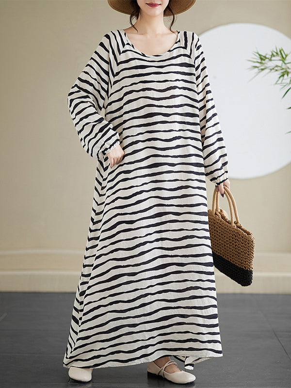 A-line Long Sleeves Contrast Color Elasticity Striped Round-neck Maxi Dresses