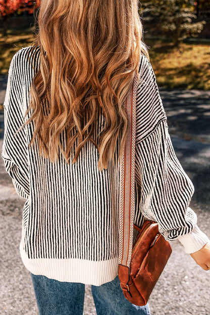 Bright Pink Striped Contrast Trim Loose Sweater