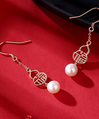 Rose Gold Sterling Silver Pearl Gourd Drop Earrings