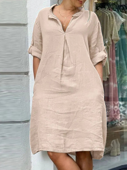 Long Sleeves V Neck Cotton-blend Midi Dress