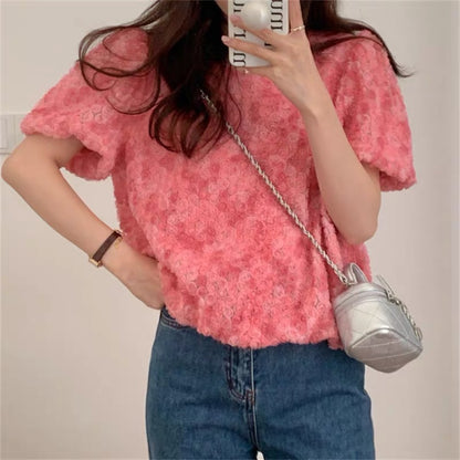 Round Neck Gradient Pink Puff Sleeve Blouse