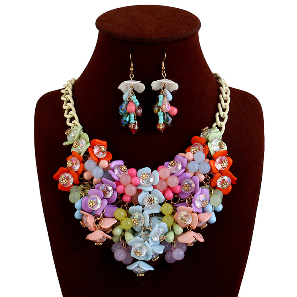 Characteristic Colorful Flower Necklace Earrings Jewelry Set Gift Lady