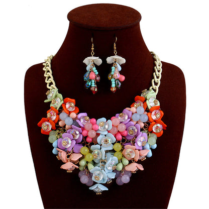 Characteristic Colorful Flower Necklace Earrings Jewelry Set Gift Lady