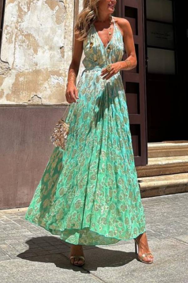 Bianca Tie-dye Ombre Gold Print A-line Halterneck Maxi Dress