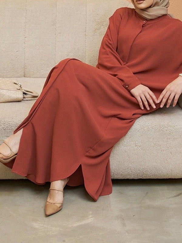 Batwing Sleeves Loose Buttoned Muslim Color Split-side Round-neck Maxi Dresses