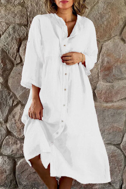 Cotton Linen Color Stand Collar Button Long Dress