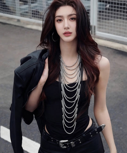 Silk Copper Leather Rope Patchwork Multi-layer Beading Tassel Gratuated Bead Necklace