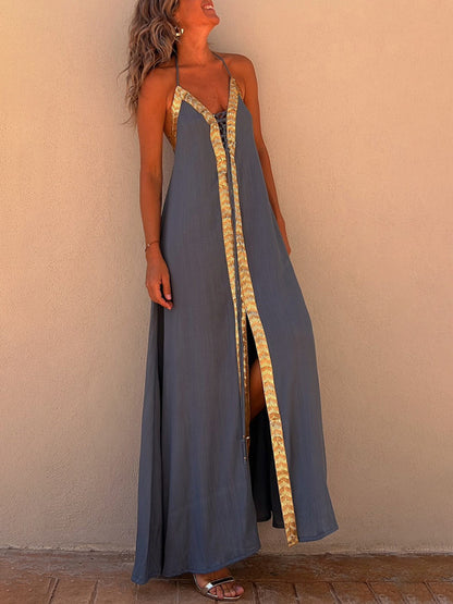 Paneled Sleeveless Lace-up Holiday Maxi Dress