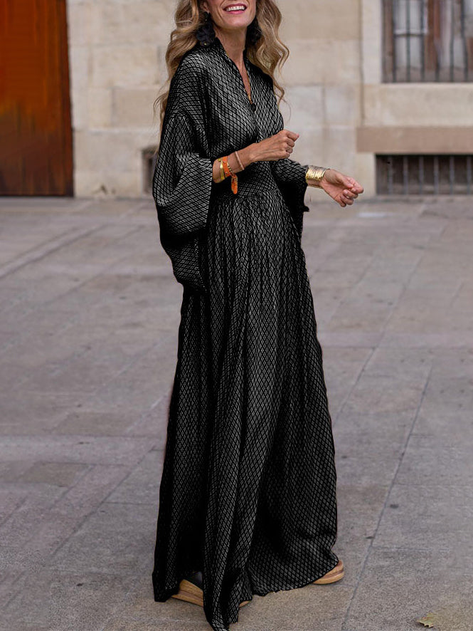 V Neck Long Sleeves Plaid Printed Maxi Dress