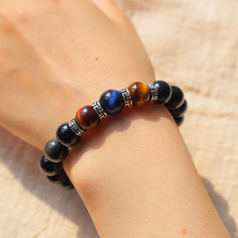 Buddha Stones Natural Black Obsidian Tricolor Tiger Eye Strength Bracelet