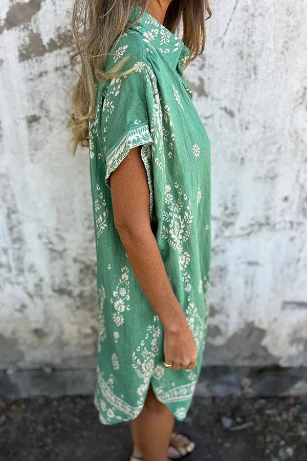 Linen Blend Unique Print Lapel Pocket Mini Dress