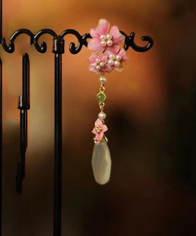 Chinese Style Pink Sterling Silver Overgild Tassel Drop Earrings