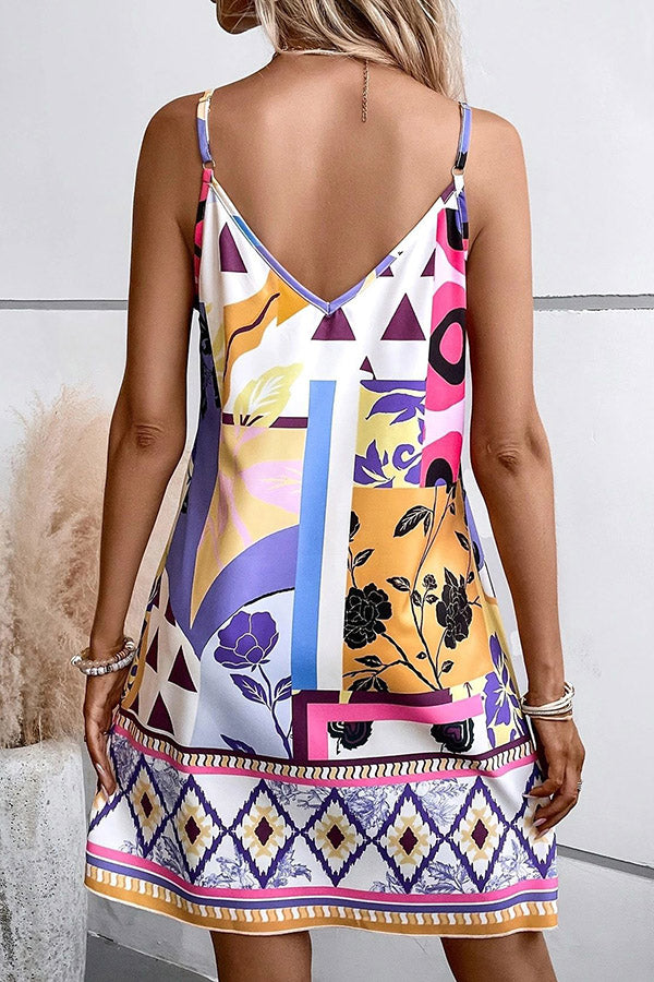 Unique Print Suspender V-neck Loose Mini Dress