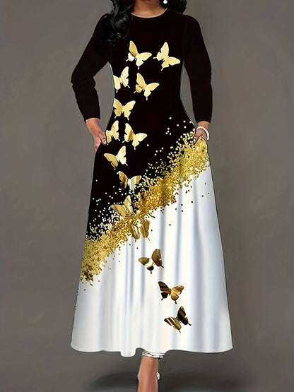 A-line Long Sleeves Butterfly Print Pockets Round-neck Maxi Dresses