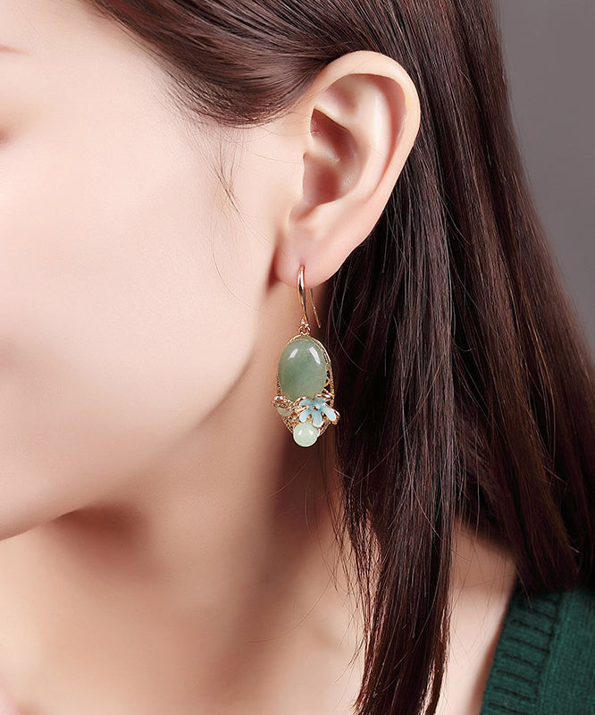 Green Copper Pearl Jade Cloisonne Drop Earrings