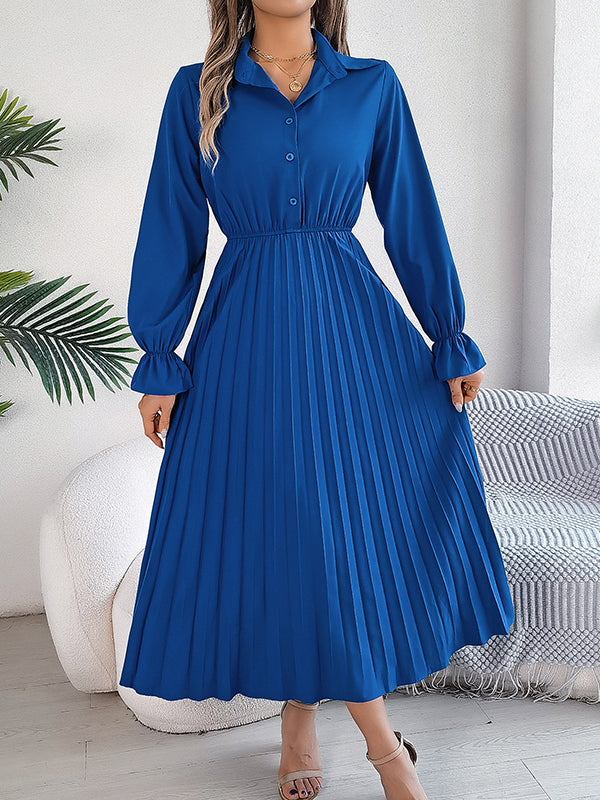 A-line Flared Sleeves Buttoned Elasticity Pleated Color Lapel Maxi Dresses