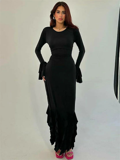 Bandage Ruffled Slim Maxi Dress ’s Patchwork Lace-up Bodycon Dress Female Autumn Long Dress