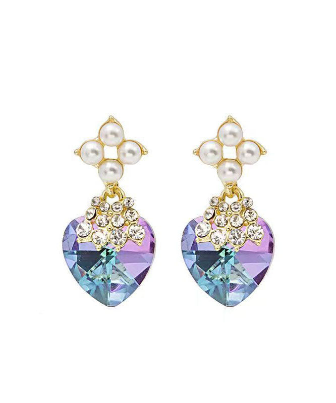 Purple Sterling Silver Inlaid Zircon Crystal Pearl Love Drop Earrings