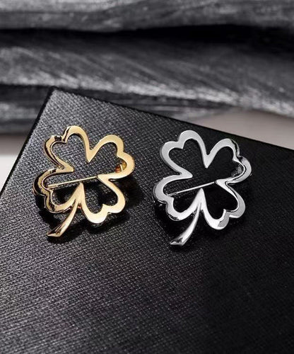 Diy Gold Stainless Steel Four Leaf Clover Hollow Out Brooches