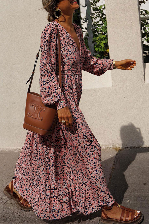 Multicolor Print Buttoned Plunge Neckline Maxi Dress