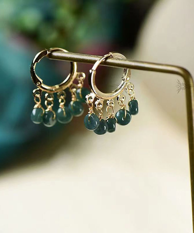 Boutique Blue Jade Tassel 14k Hoop Earrings