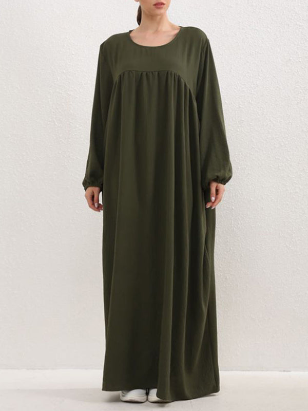 Long Sleeves Loose Pleated Color Split-joint Round-neck Maxi Dresses