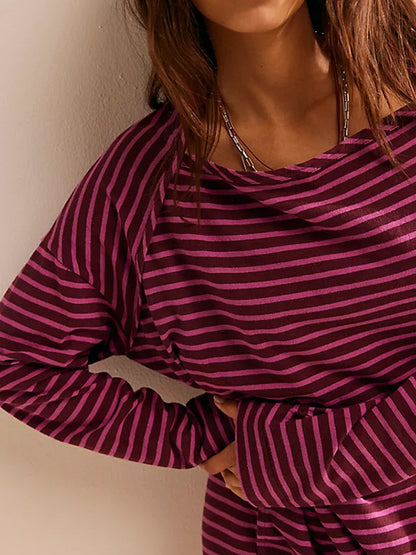 Long Sleeves Loose Contrast Color No Belt Split-joint Striped Round-neck Maxi Dresses