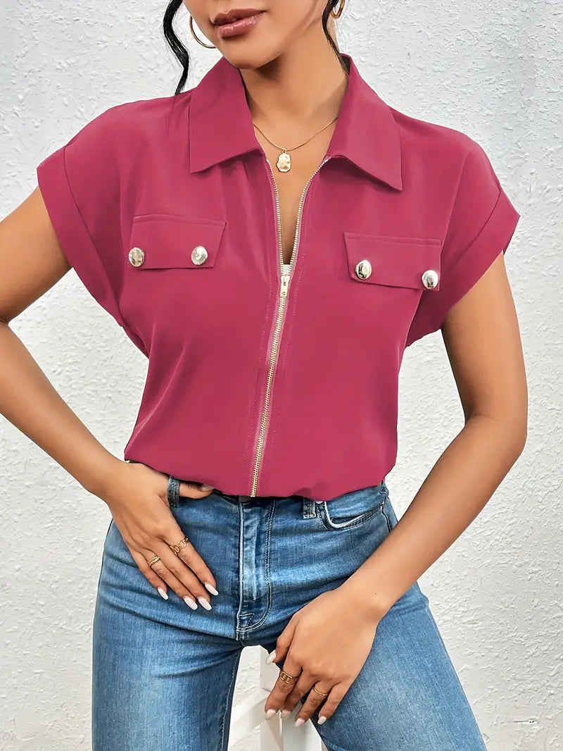 Safira - Zip-front Short Sleeve Blouse