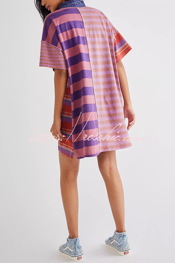 Contrast Striped Patchwork Denim Lapel Loose Mini Dress