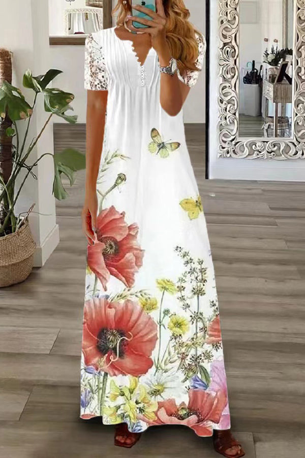 V Neck Button Lace Sleeve Holiday Beach Maxi Dress