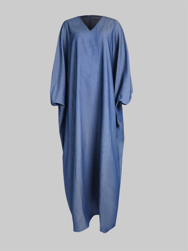 Batwing Sleeves Loose Color Split-joint V-neck Maxi Dresses
