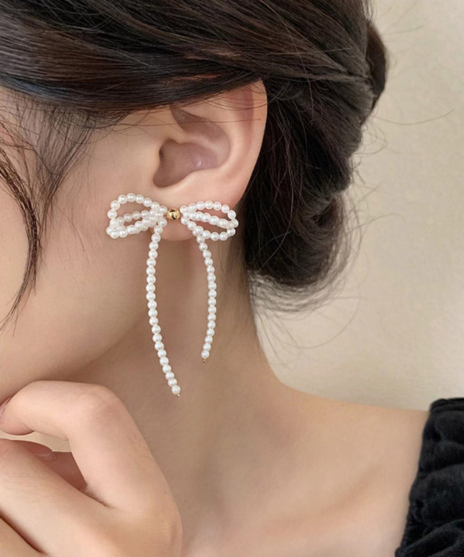 White Alloy Pearl Butterfly Tassel Drop Earrings