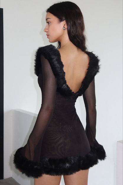 Wool Collar Off-shoulder Long Sleeve Bodycon Mini Dress
