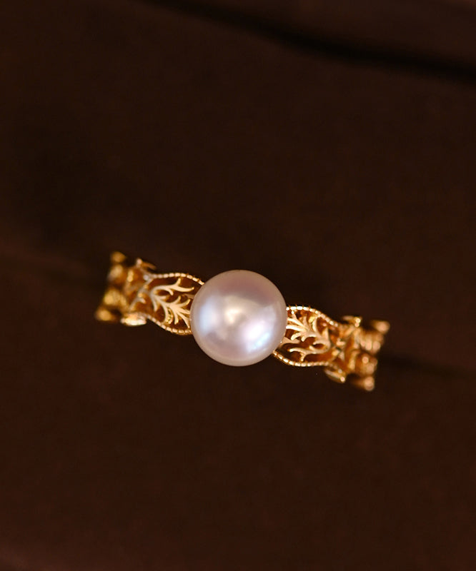Pearl Hollow Out Adjustable Gold Plated Rings