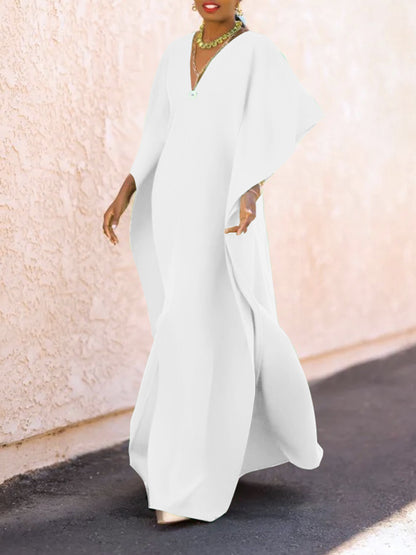 Batwing Sleeves Loose Color Split-side V-neck Maxi Dresses