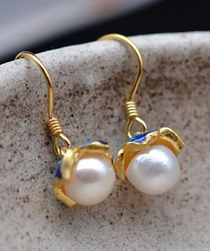 Yellow Sterling Silver Overgild Pearl Cloisonne Enamel Drop Earrings