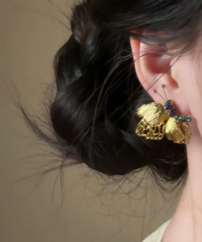 Chinese Style Gold Alloy Butterfly Beading Stud Earrings