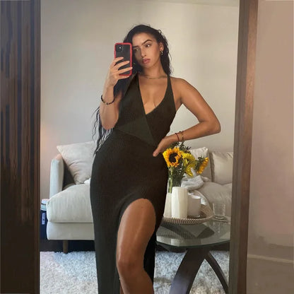 Summer Beach Dress V-neck Backless Split Long Dress White Sleeveless See Through Party Vestidos