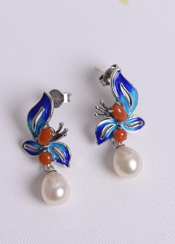 Cloisonne Butterfly Pearl Metal Stud Earrings