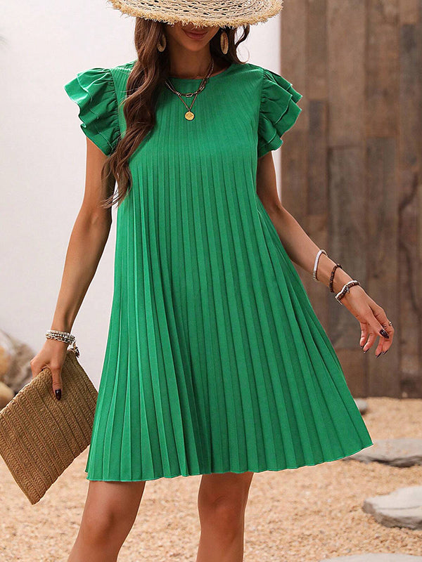 A-line Loose Hollow Pleated Color Split-joint Round-neck Mini Dresses